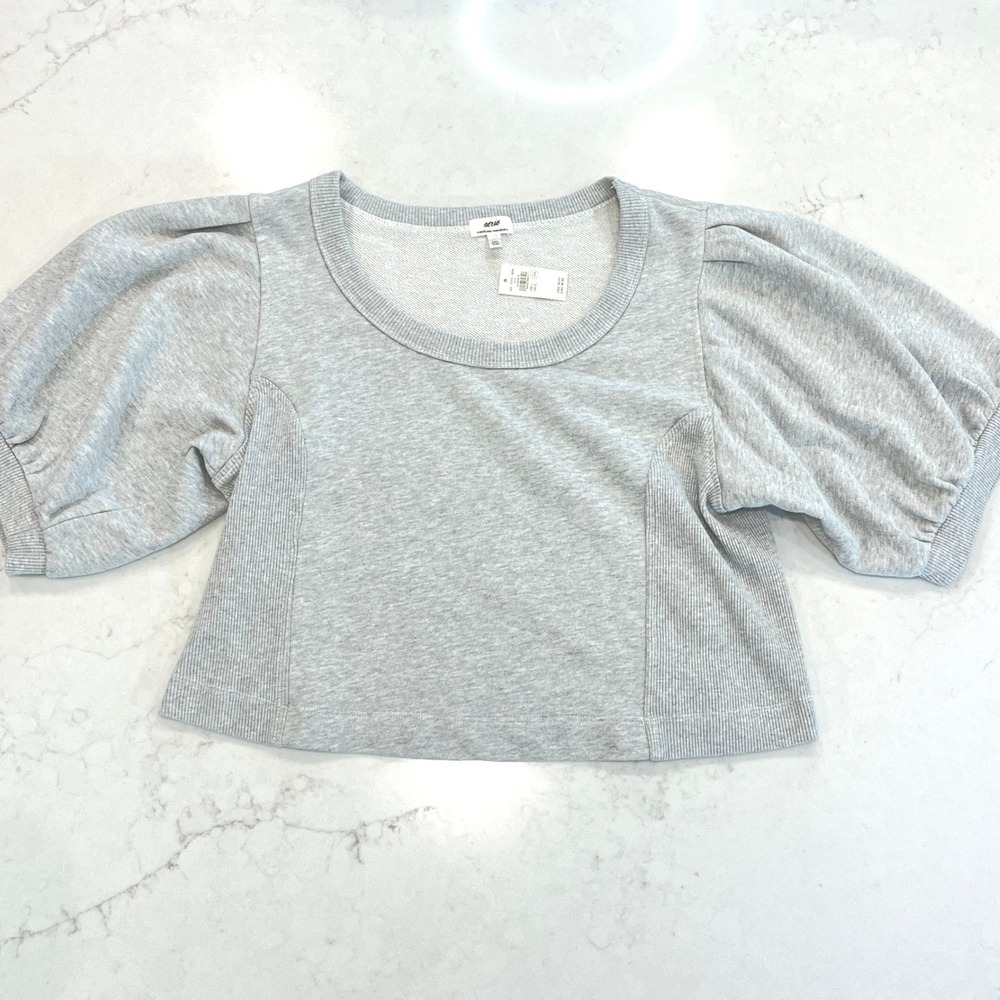 Aerie NEW Seams Right Puff‎ Short Sleeves Sweatshirt Womens L Gray Coquette Crop